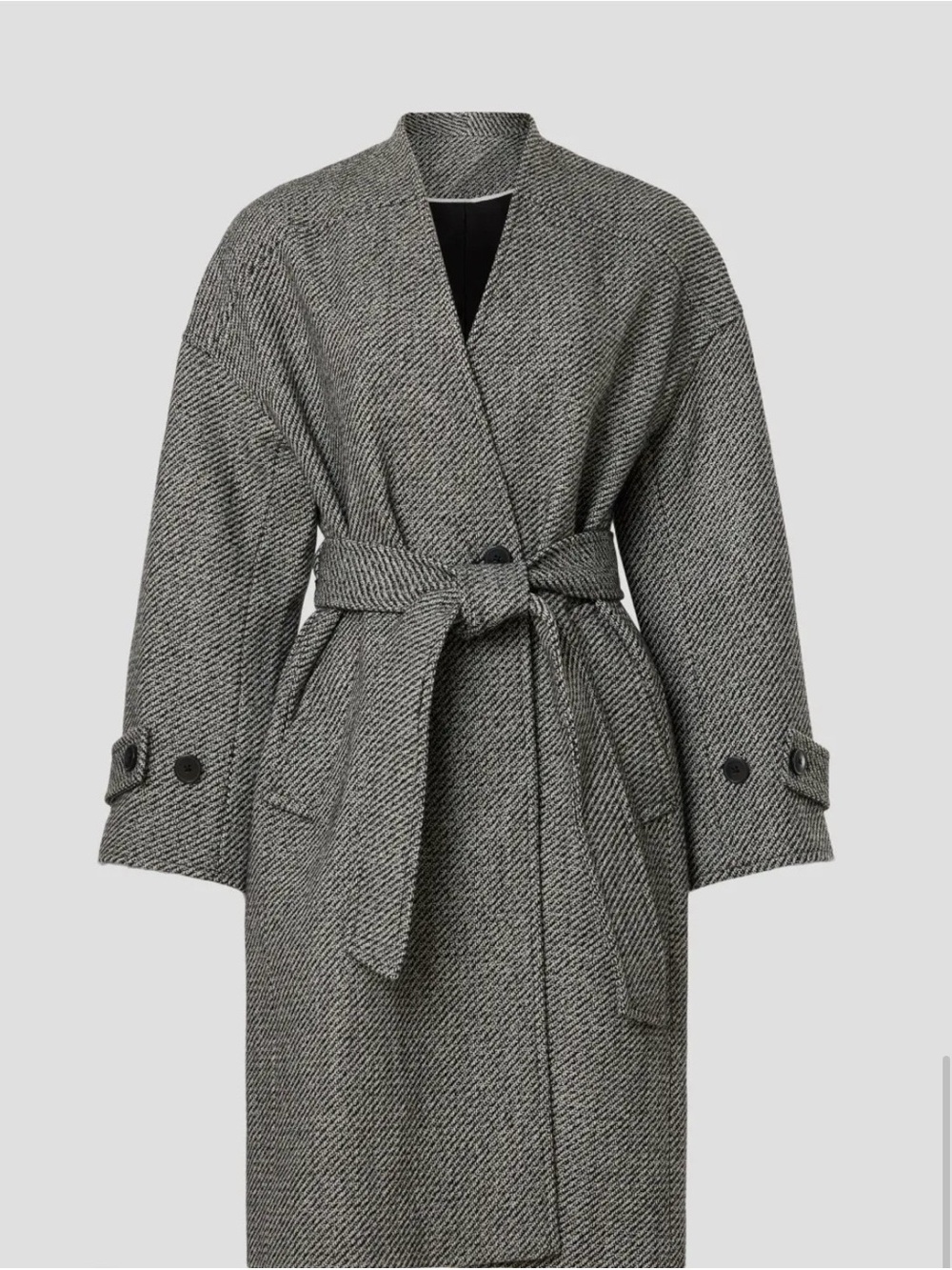 Club Monaco Collarless Herringbone Cardigan Belted Wool-blend Trench Coat